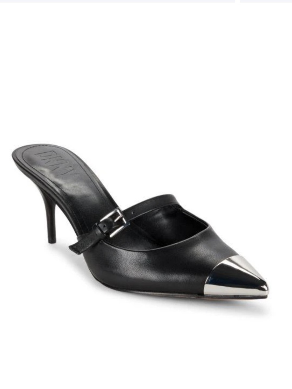DKNY Kynlee Black Leather Mule with Silver metal Pointed Cap toe